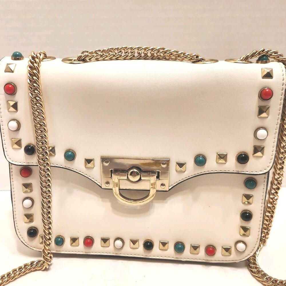 Gail Labelle White Crossbody Handbag Purse Multi Colored Studs Chain